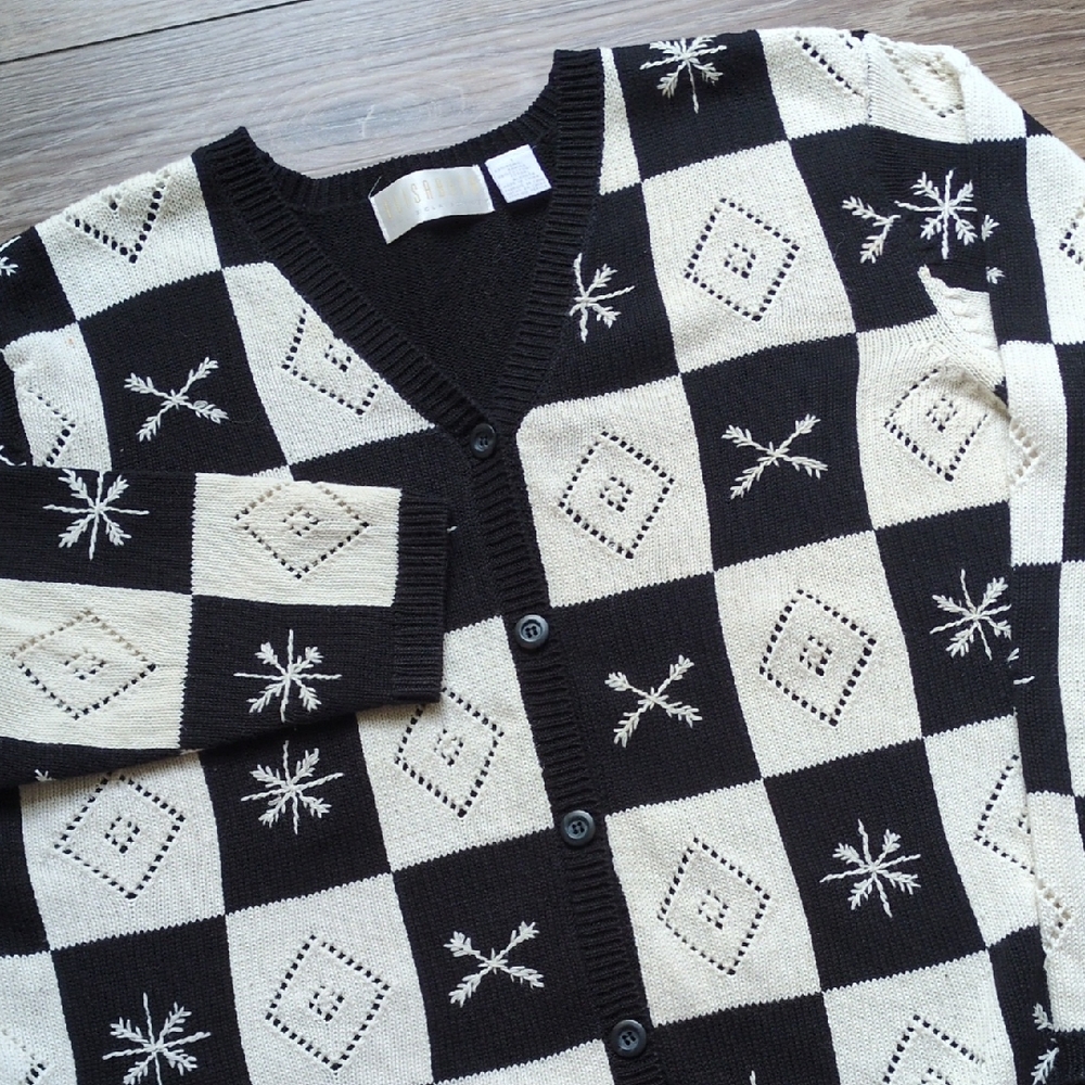 Elizabeth Liz Claiborne Snowflake Holiday‎ Cardigan Sweater - Black White - Sz 1